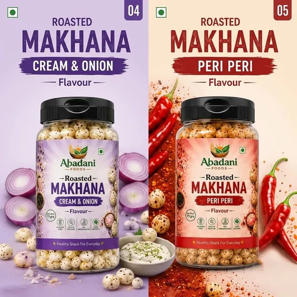 Abadani Foods Roasted Makhana Combo – Cream & Onion and Peri Peri Flavours (77g Each)